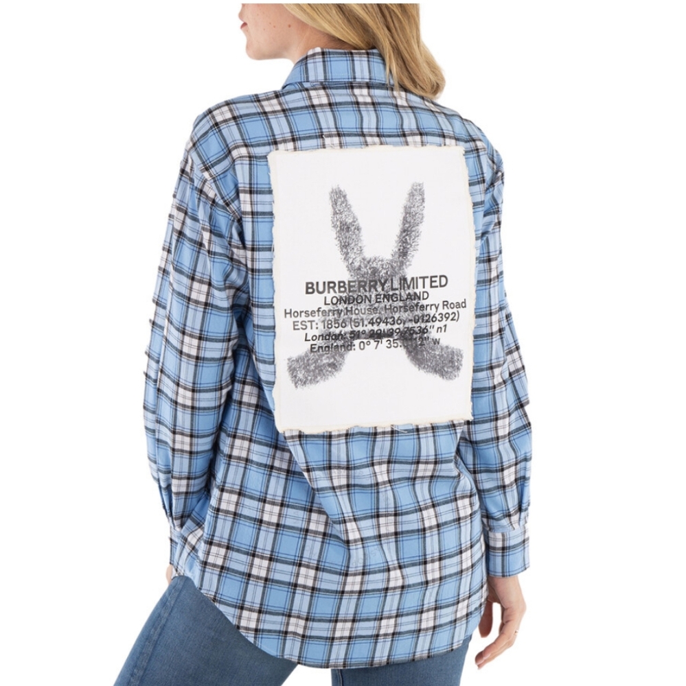 Burberry London Claire Blue Checkered Oversized Button Down Long Sleeve Shirt XS